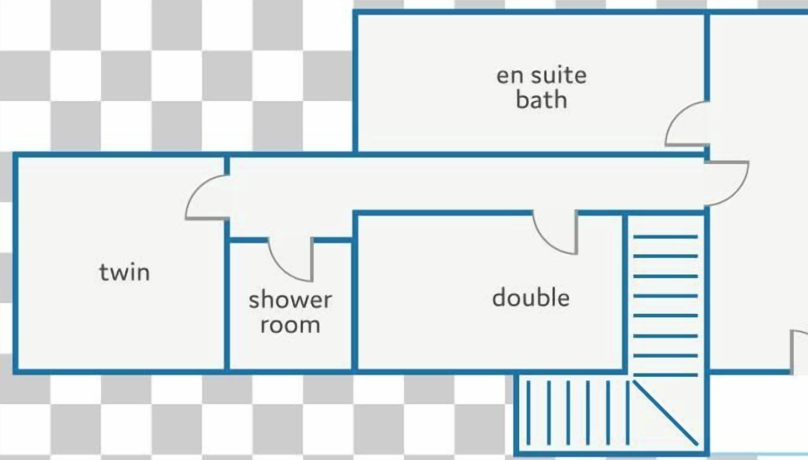 A floor plan with labeled rooms: twin, shower room, double, and en suite bath.