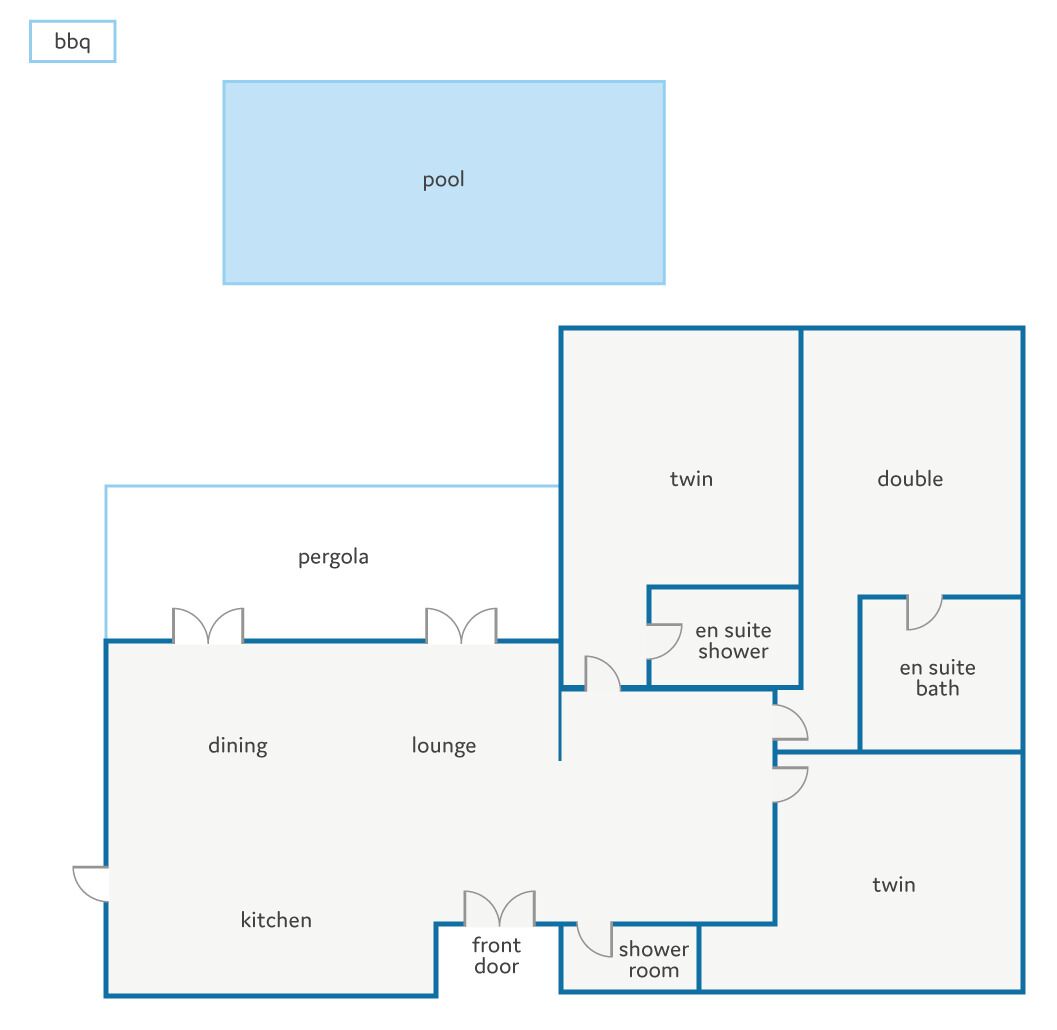 A floor plan with a pool, dining, lounge, kitchen, twin and double rooms, and en suite shower and bath.