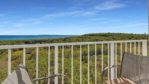A balcony with a white railing, a chair, and a view of the ocean and greenery. - Relax in your one bedroom Oceanfront Suite in Tavernier FL. Florida Keys. (Tavernier)