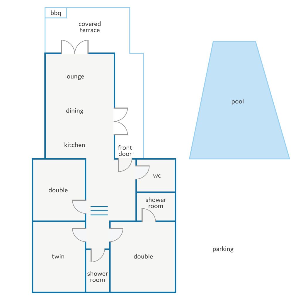 A floor plan with a covered terrace, lounge, dining, kitchen, front door, wc, shower room, parking, and a pool.