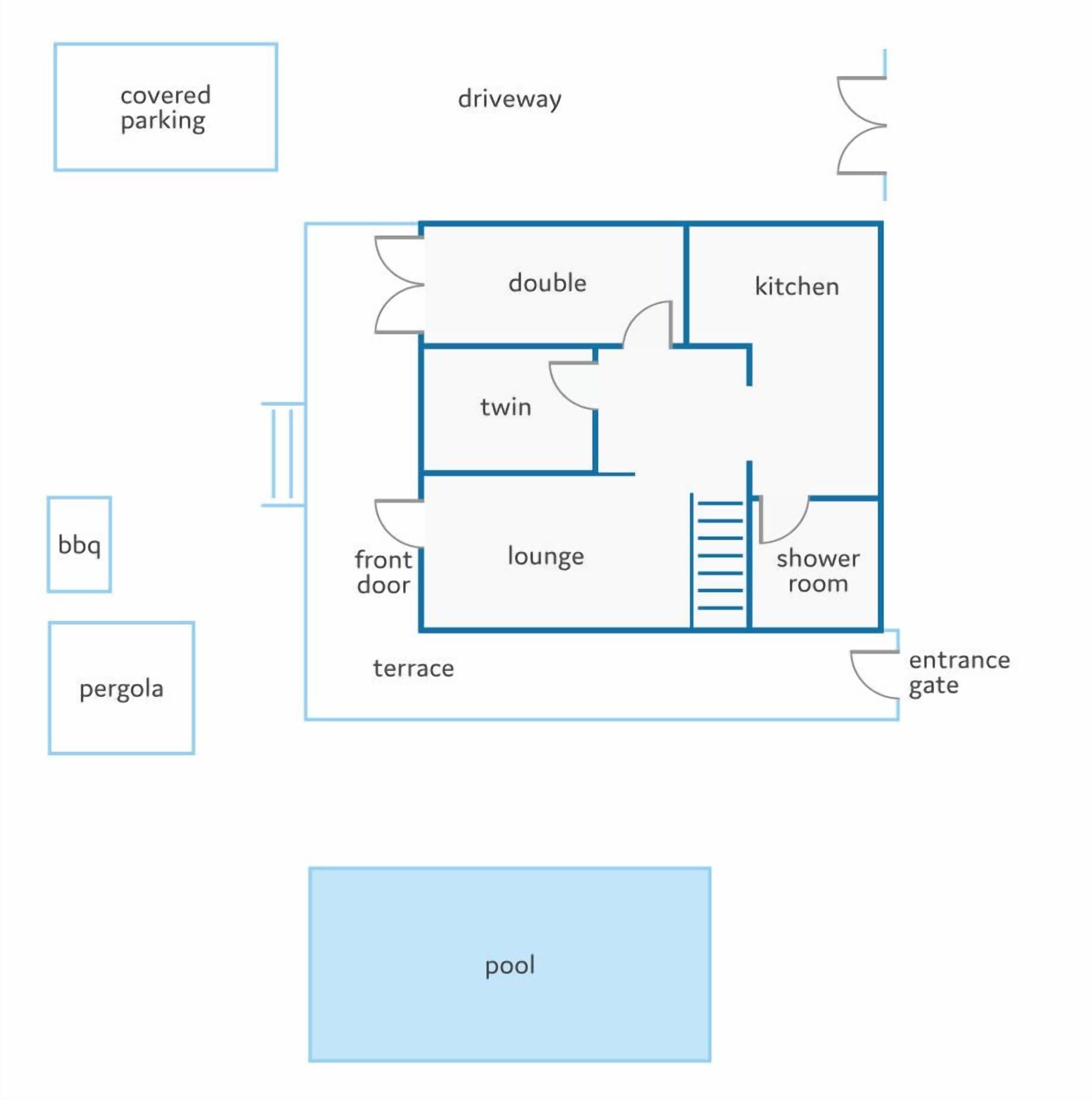 Un plan d’étage comprenant une chambre à deux lits, une cuisine, un salon, une salle de douche, une terrasse et une piscine.
