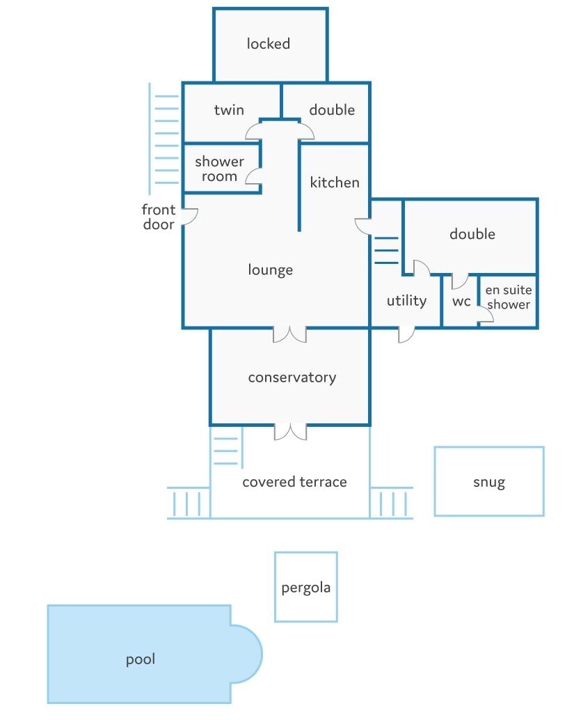 A hotel layout with a front door, lounge, conservatory, covered terrace, and pool.