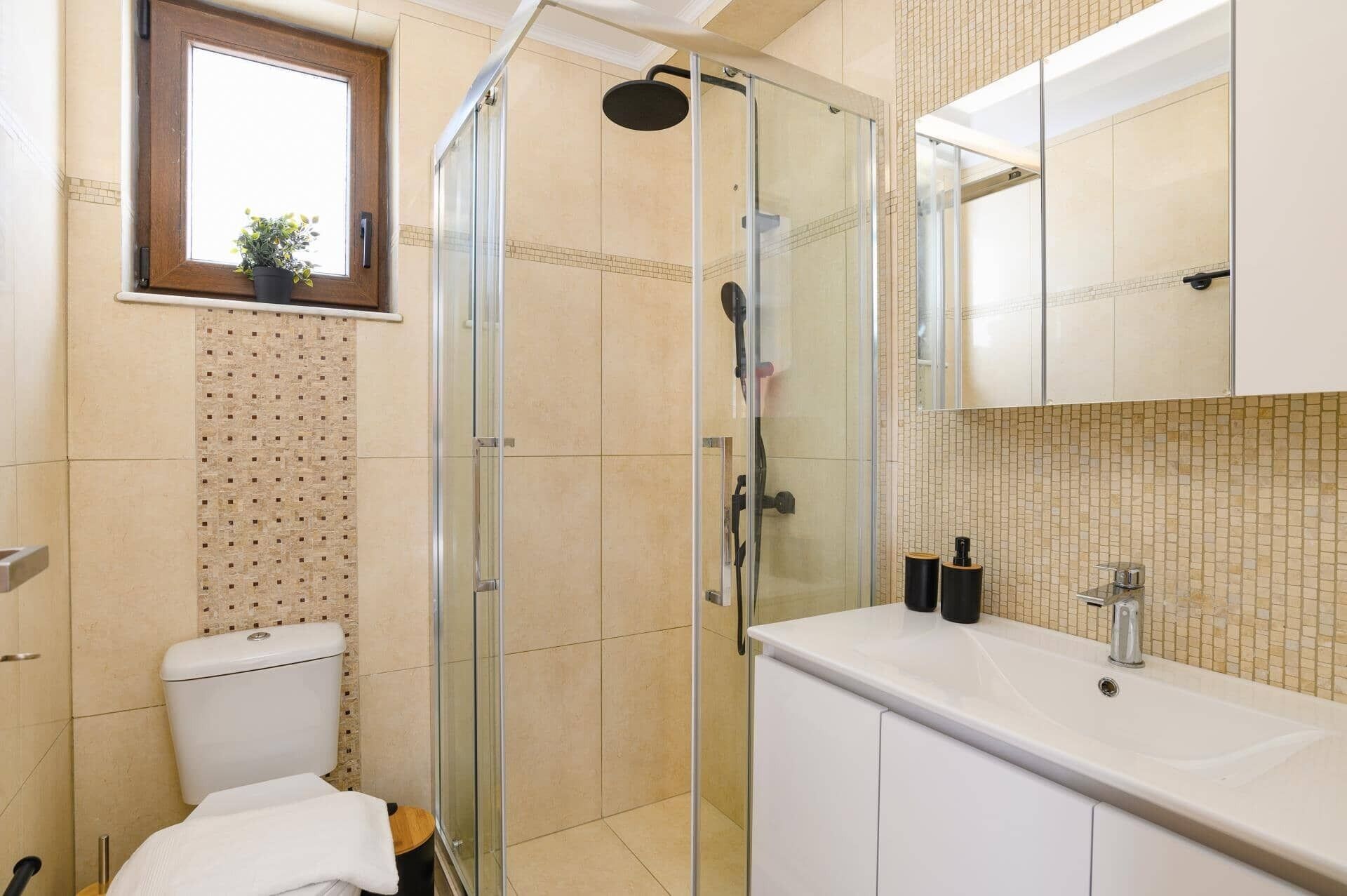 A modern bathroom with a glass-enclosed shower, a white toilet, and a sink with a mirror above it.