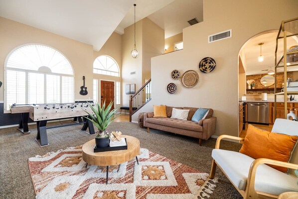 Smart TV, fireplace, video games, foosball