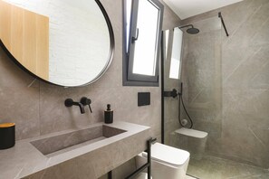 Un baño moderno con un espejo grande, un lavamanos, un inodoro y una zona de ducha.