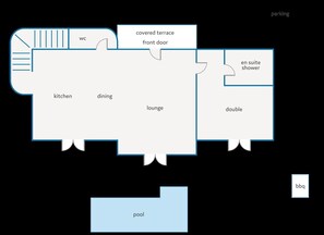 Distribución de un hotel que incluye cocina, comedor, sala de estar, terraza cubierta, puerta principal, baño privado con ducha, habitación doble, piscina y estacionamiento.