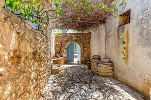 A narrow stone pathway leading to a blue archway, surrounded by stone walls and greenery.