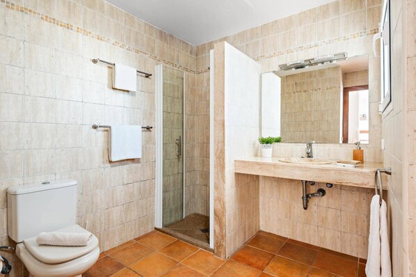 A bathroom with a shower, toilet, sink, and a mirror.