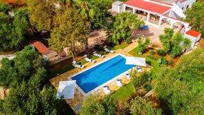 An aerial view of a property with a swimming pool, lounge chairs, and a red-roofed building.