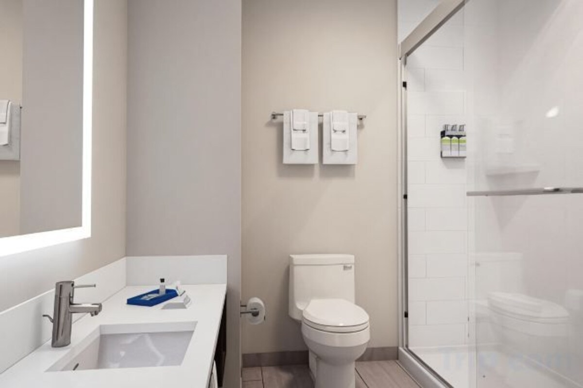 A modern bathroom with a sink, toilet, and glass shower enclosure.
