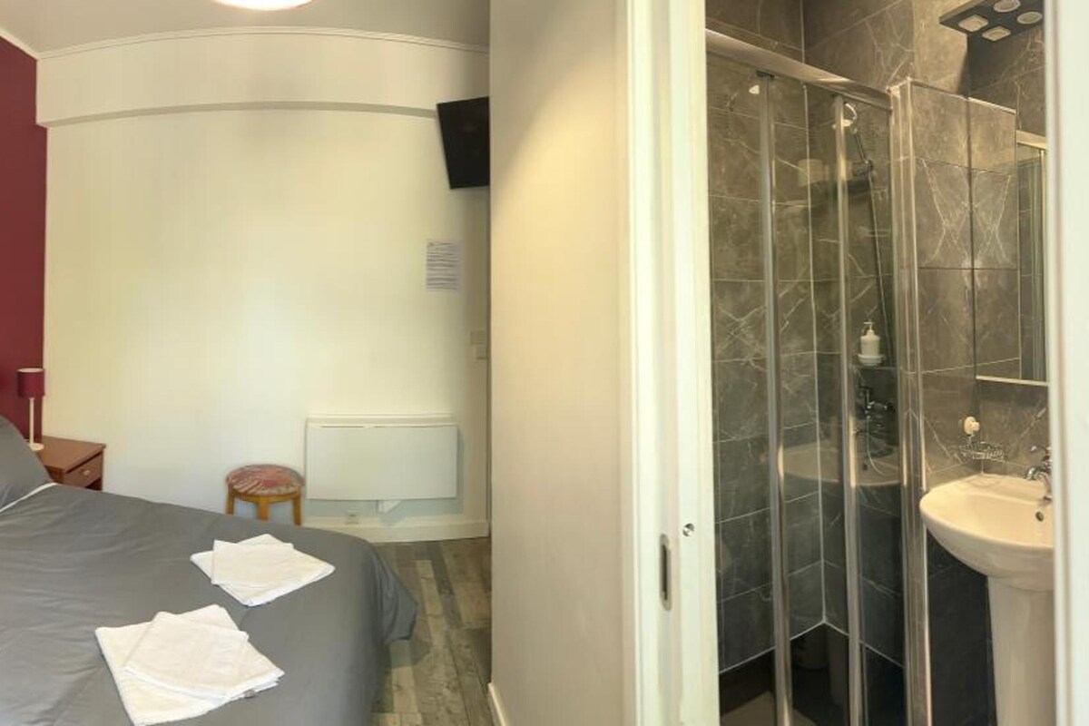 A hotel room with two beds, a shower area, and a sink.