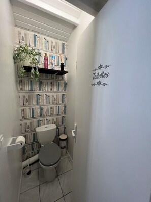 Pieni kylpyhuone, jossa on wc, hylly hygieniatuotteille ja koristeellinen kasvi.