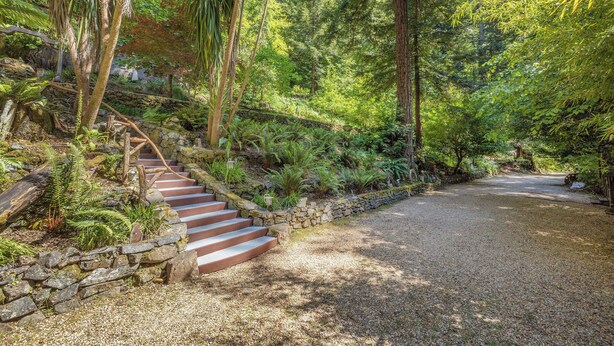 Una escalera de piedra que sube hacia una terraza de madera rodeada de exuberante vegetación y altos árboles.