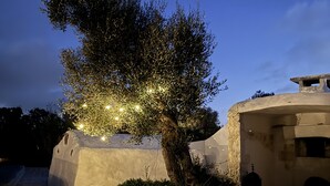 Un patio de piedra con un árbol iluminado por luces colgantes, un muro de piedra y un edificio con techo abovedado.