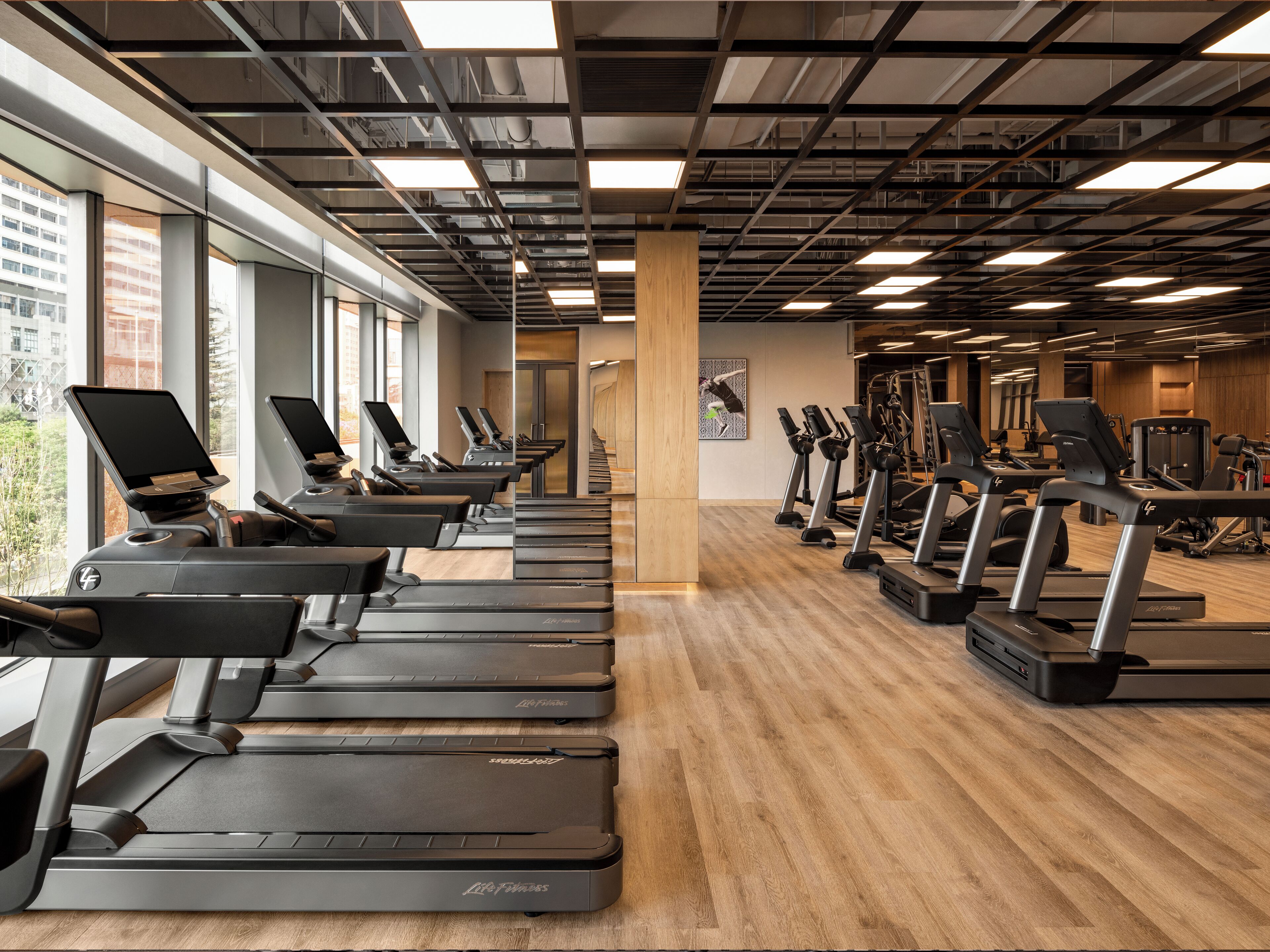 A gym with treadmills, exercise bikes, and weight machines.