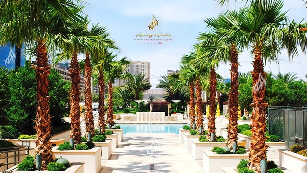 A hotel courtyard with palm trees, a pool, and a modern building in the background. - Amalz # 4, MGM Signature 2 Bedroom 3 Bathroom Balcony Suites ! (Las Vegas)