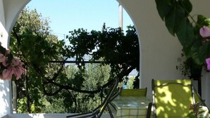 Ein Sitzbereich im Freien mit Tisch und Stühlen, umgeben von viel Grün und freiem Blick auf Bäume und Himmel.