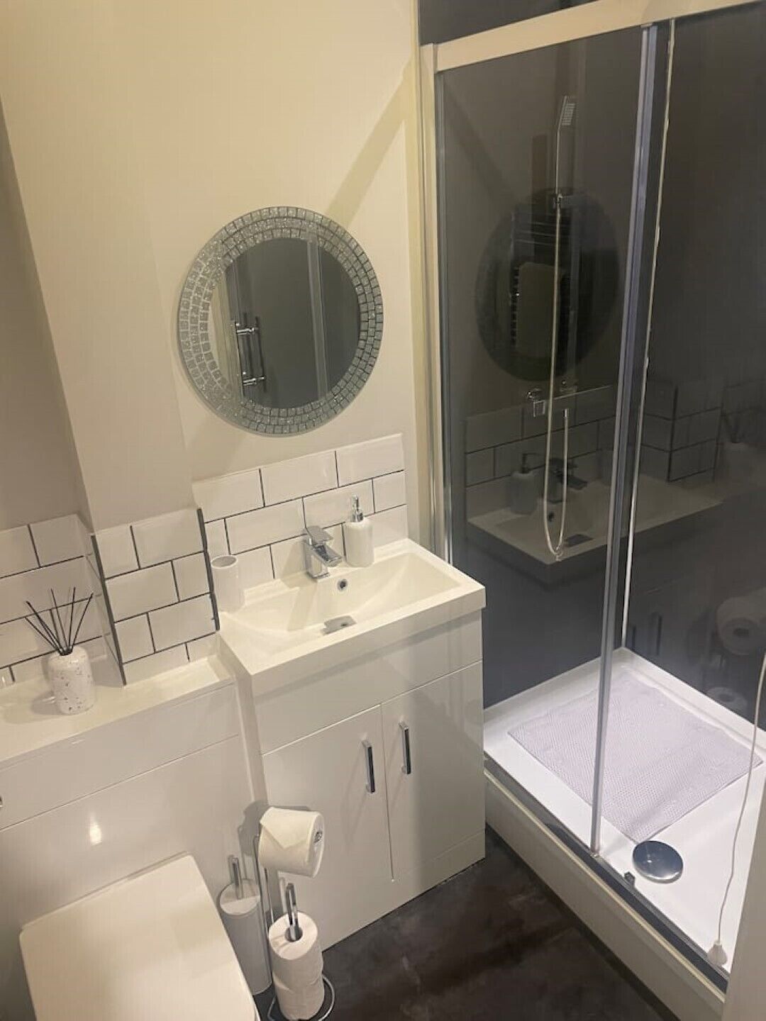 Hair dryer, towels, soap, toilet paper