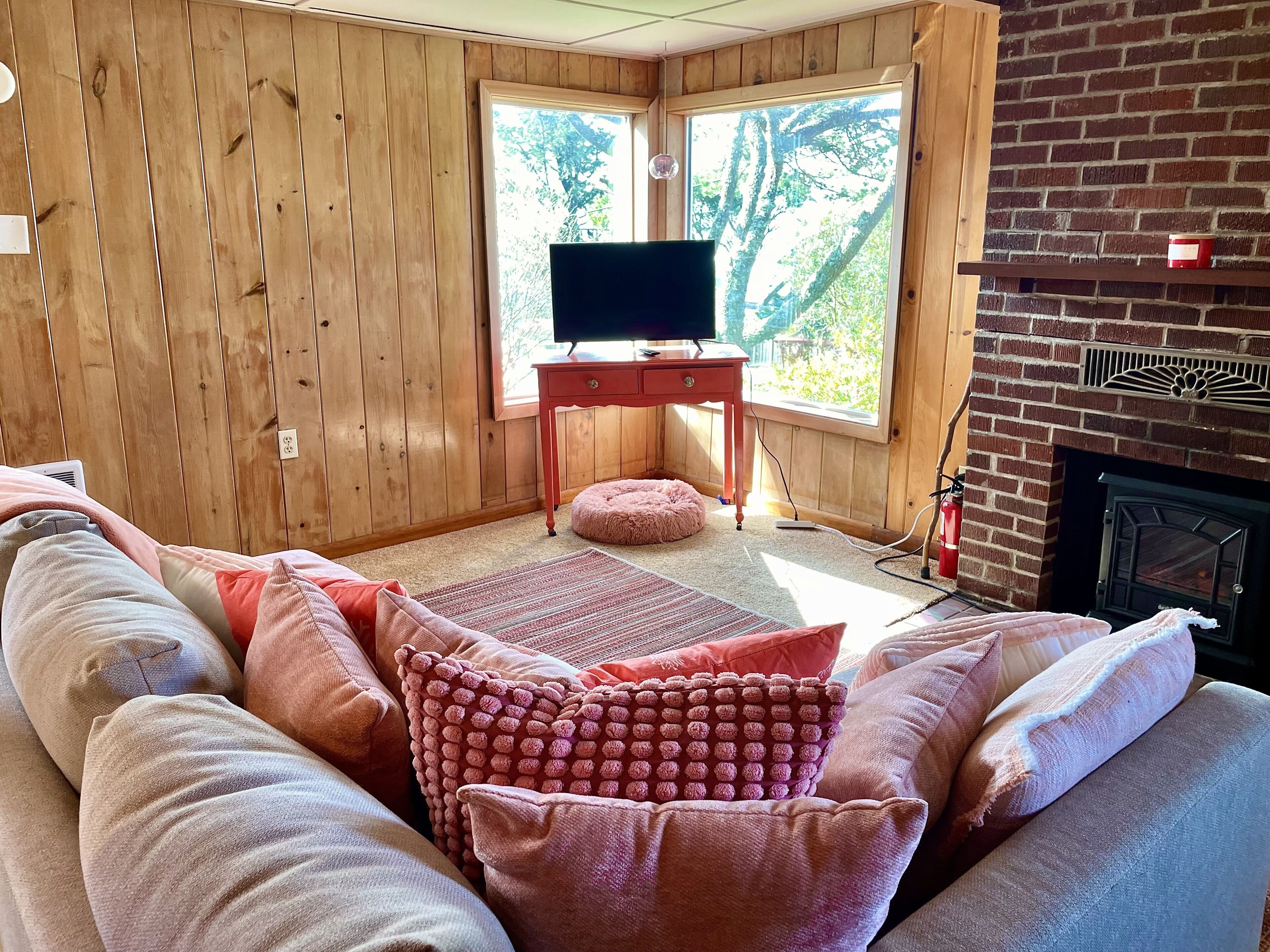 Een gezellige woonkamer met een houten lambrisering, een open haard, een televisie op een houten tafel en een comfortabele bank met kussens.