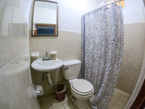 Shower, free toiletries, towels, soap