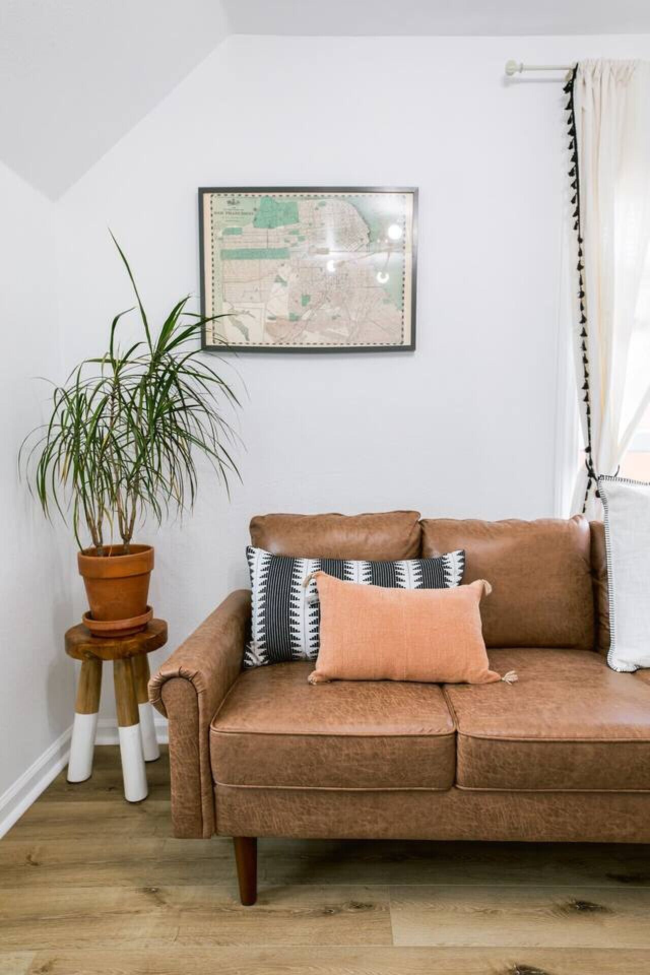 A brown leather sofa with patterned cushions, a potted plant, and a framed map on the wall.