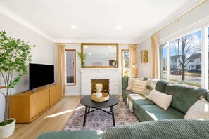 Smart TV, fireplace, video games, offices