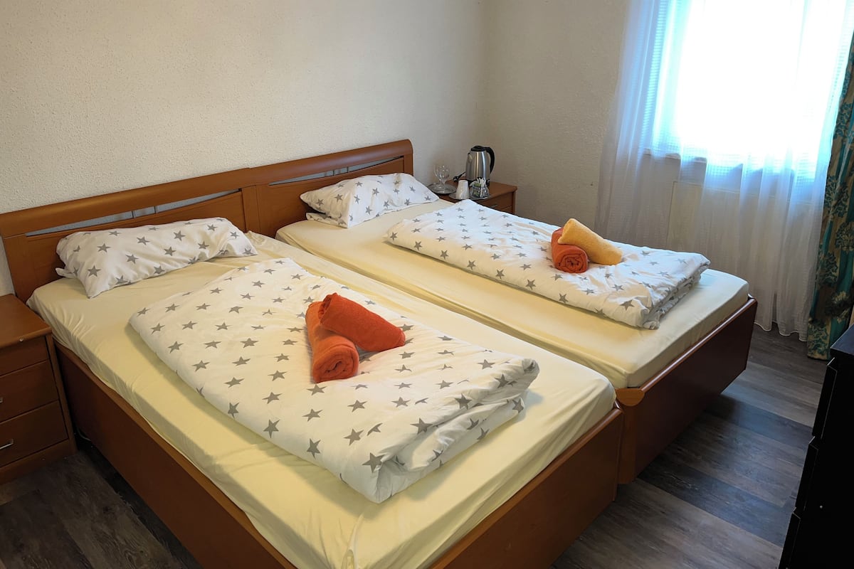 Two single beds with star-patterned bedding, wooden headboards, and a nightstand with a kettle and glasses.