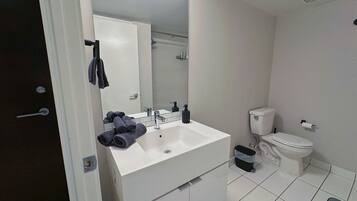 Hair dryer, towels, soap, shampoo