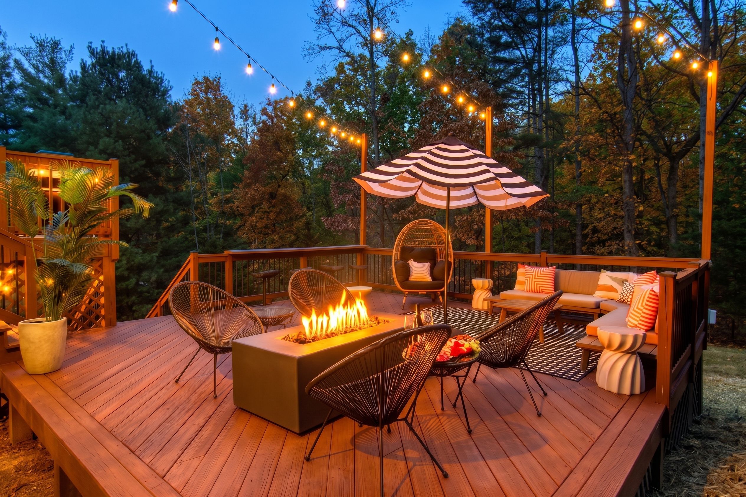 Eine Terrasse im Freien mit Feuerstelle, Sitzgelegenheiten und Lichterketten.