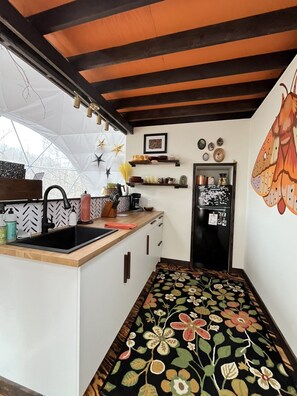 Coffee/tea maker, fridge, microwave, stovetop