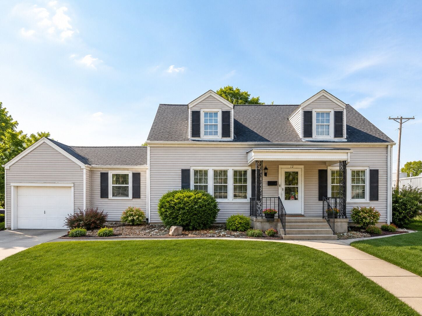 A two-story house with a garage, a front porch, and a well-maintained lawn.