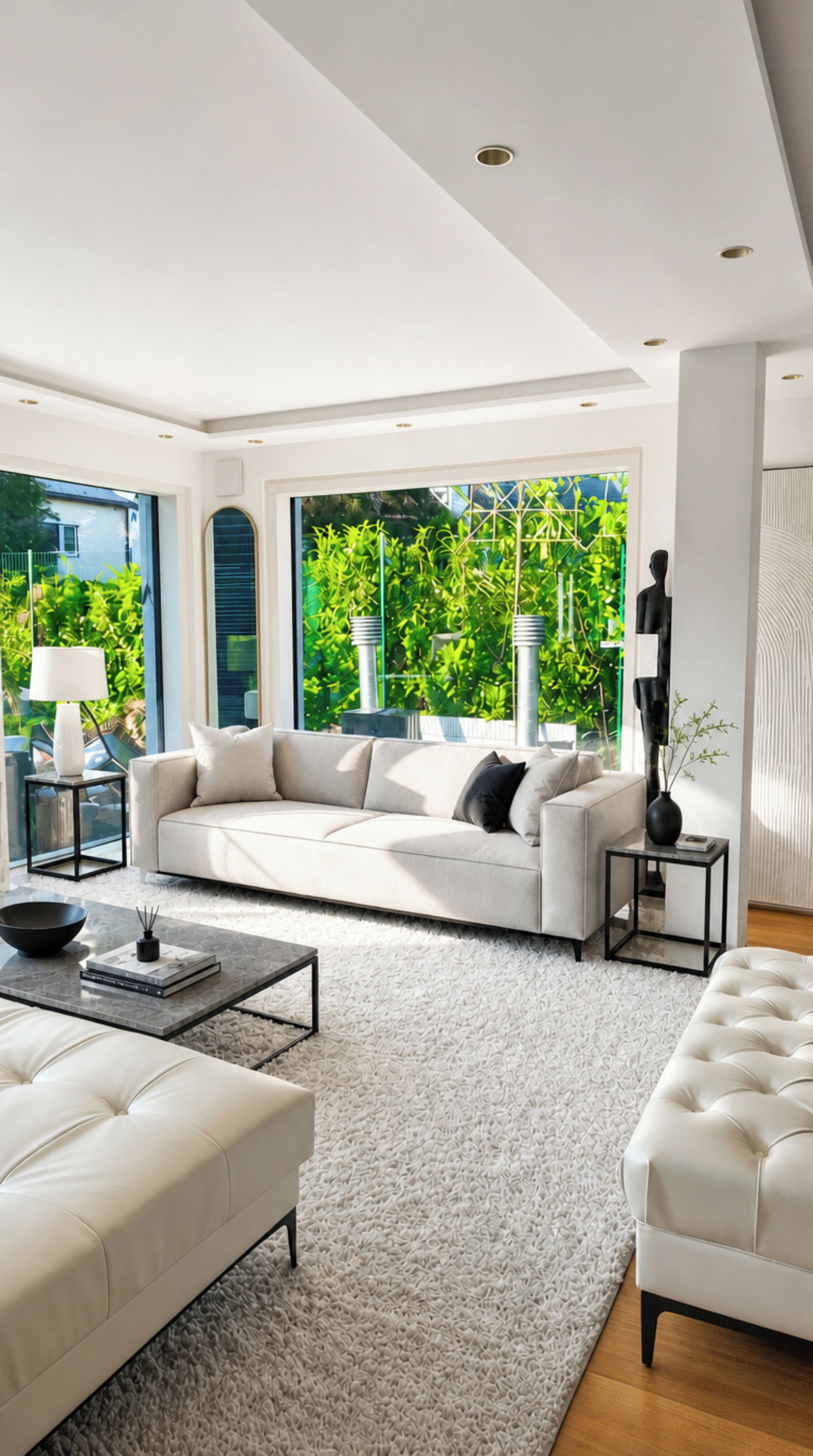 A modern living room with a white sofa, a coffee table, and a view of greenery outside.