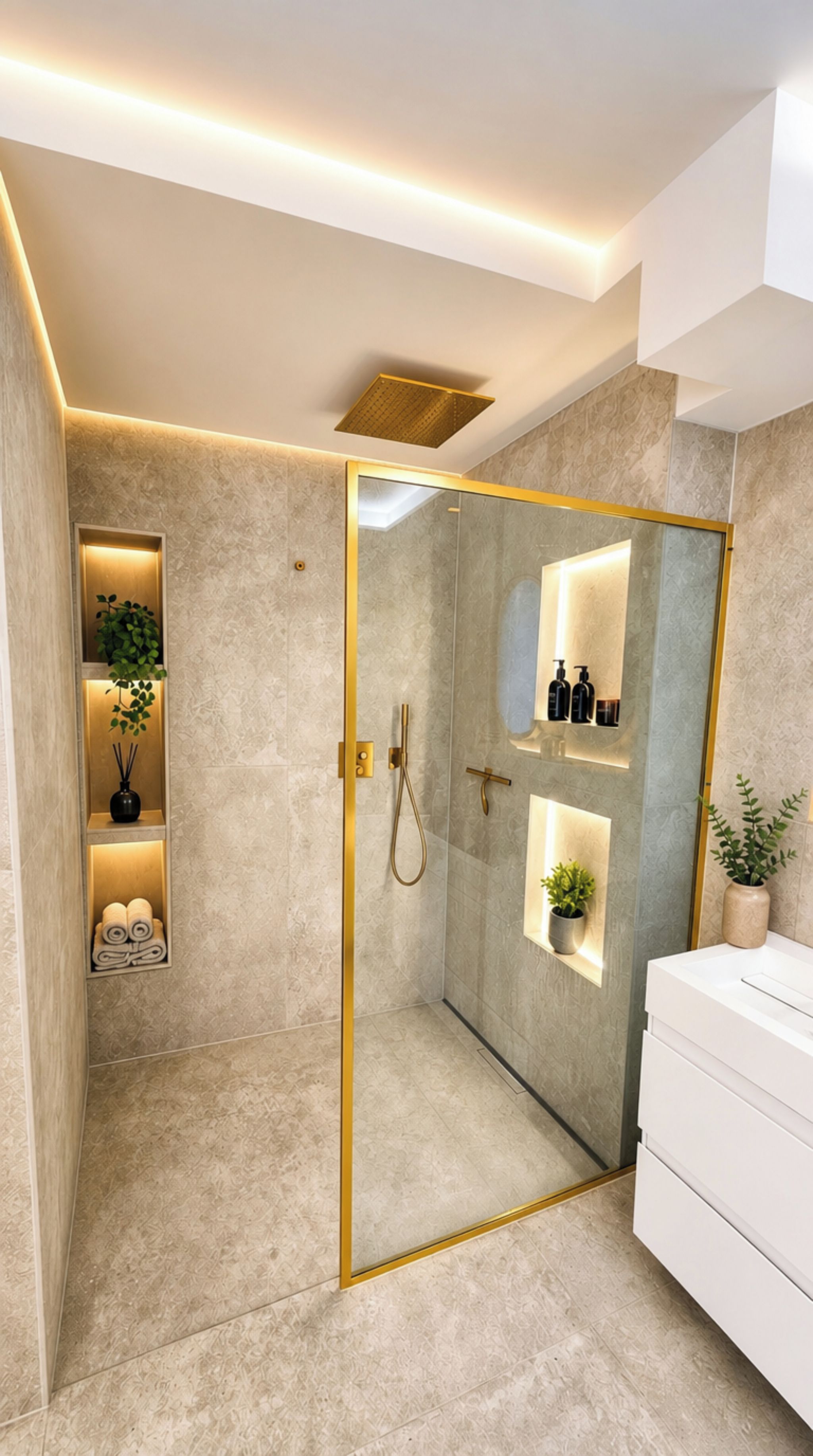 Ein modernes Badezimmer mit einer Duschkabine aus Glas, Marmorböden und Einbauschränken mit Pflanzen und Pflegeprodukten.