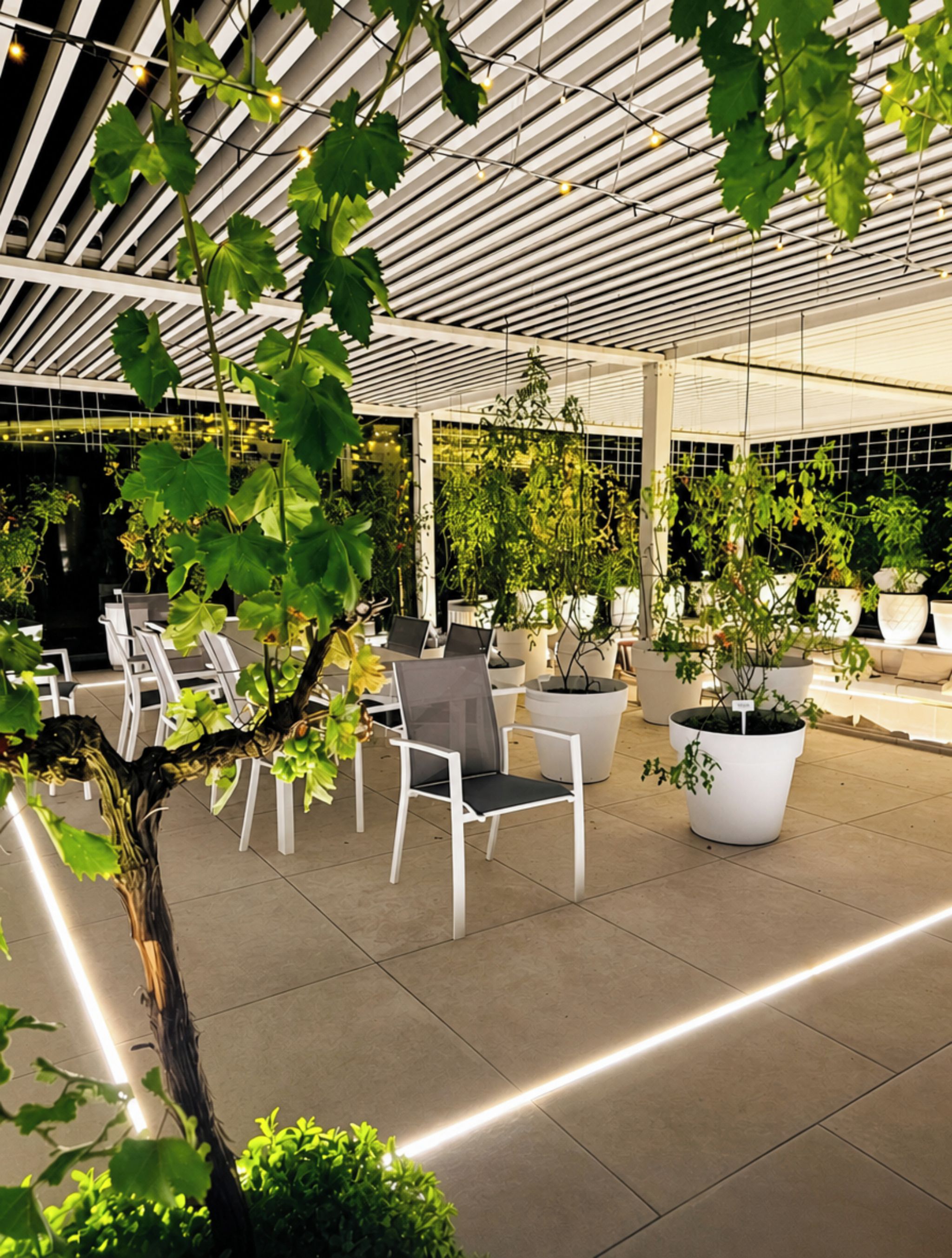 An indoor seating area with chairs and potted plants under a slatted ceiling.
