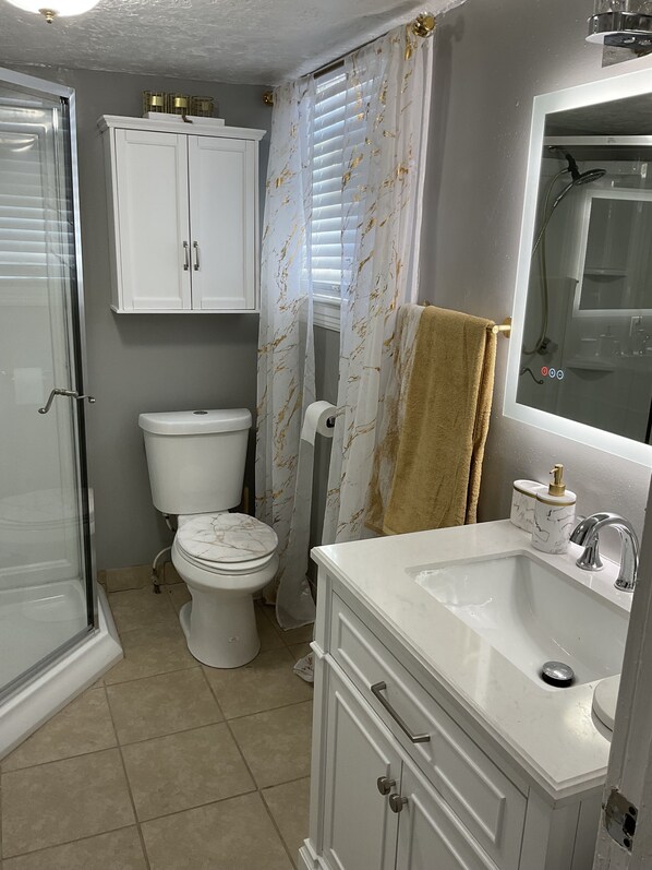 Une salle de bain avec des toilettes, une douche et un lavabo.
