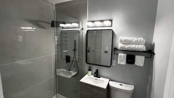 Shower, eco-friendly toiletries, hair dryer, towels