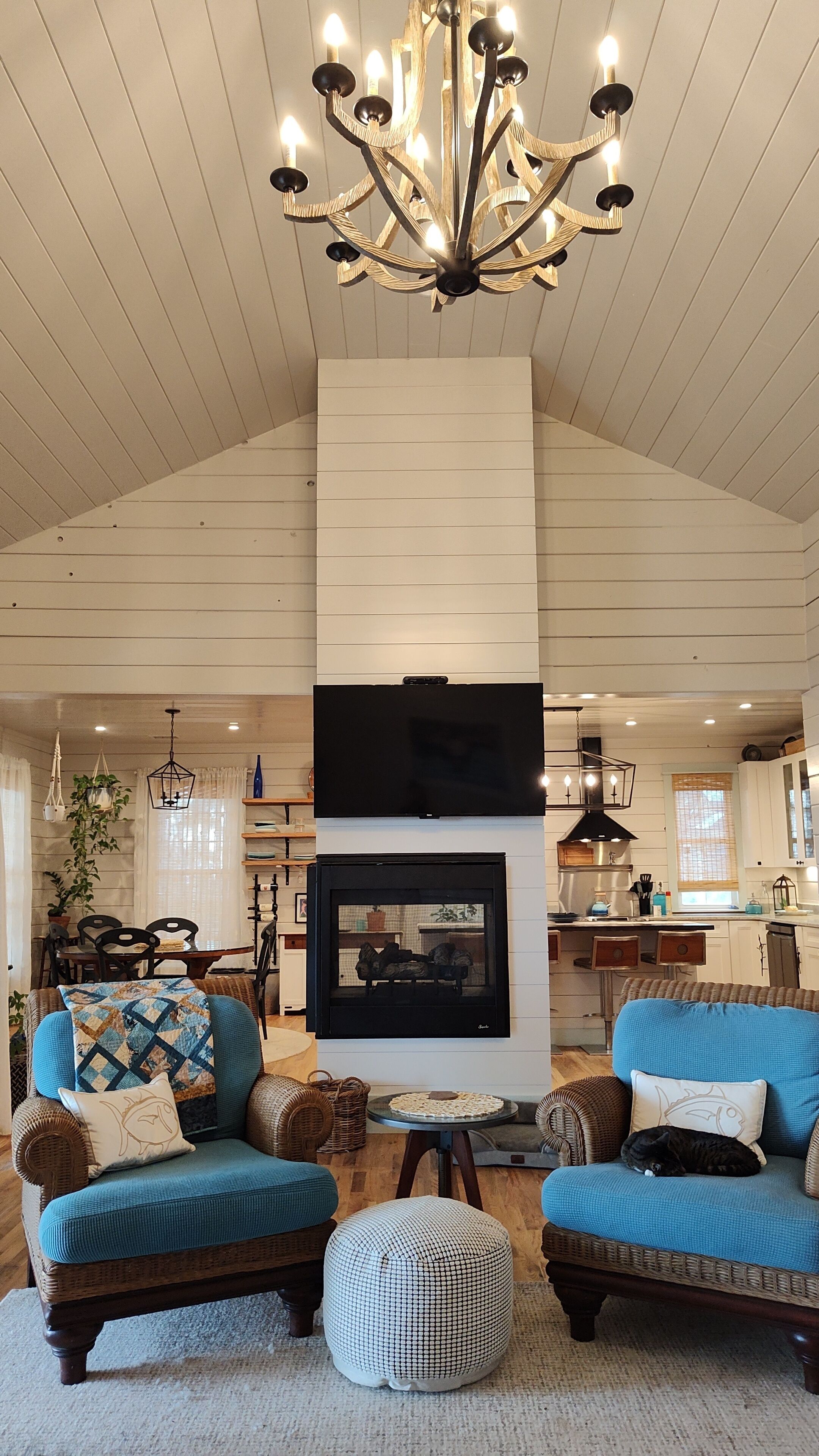 Smart TV, fireplace, books, stereo