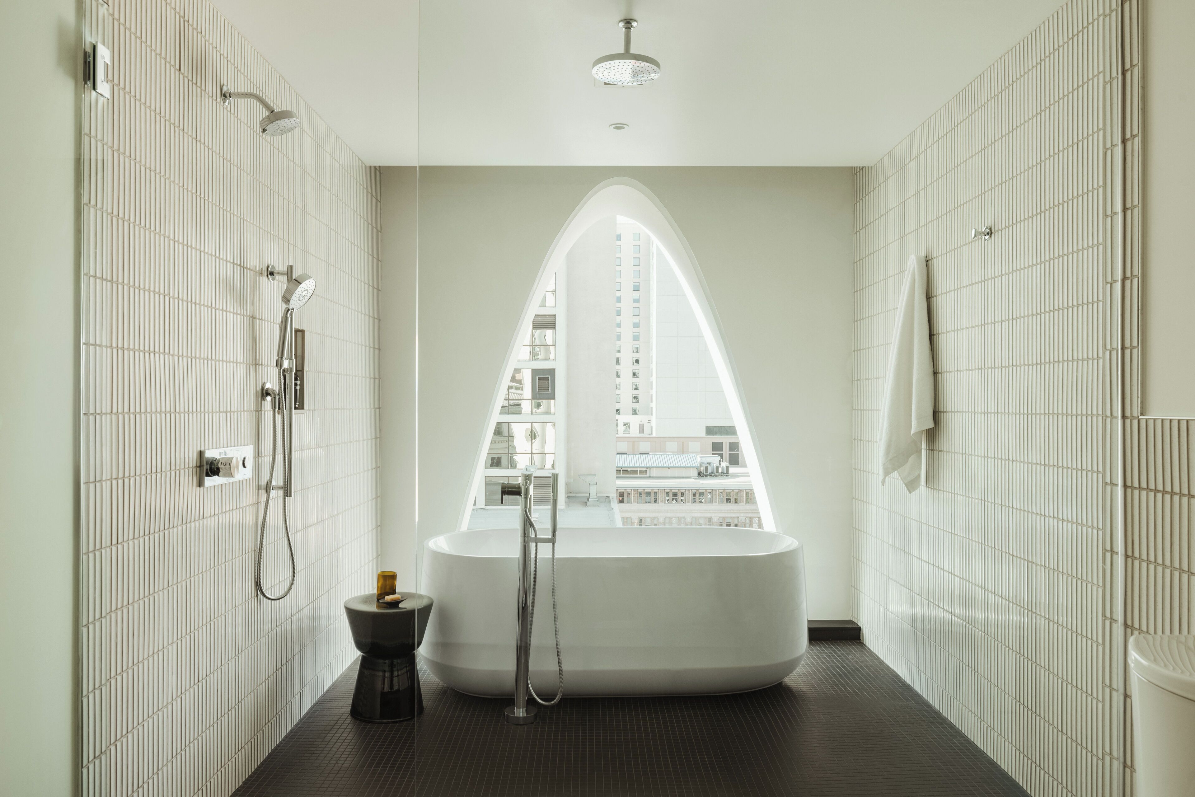 A modern bathroom with a freestanding bathtub, a shower, and a toilet.