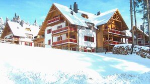 A multi-story chalet with wooden balconies and a snow-covered roof, surrounded by trees. - Beautiful apartment in Pohorje (Pohorje)