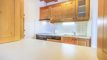Fridge, stovetop, dishwasher, coffee/tea maker