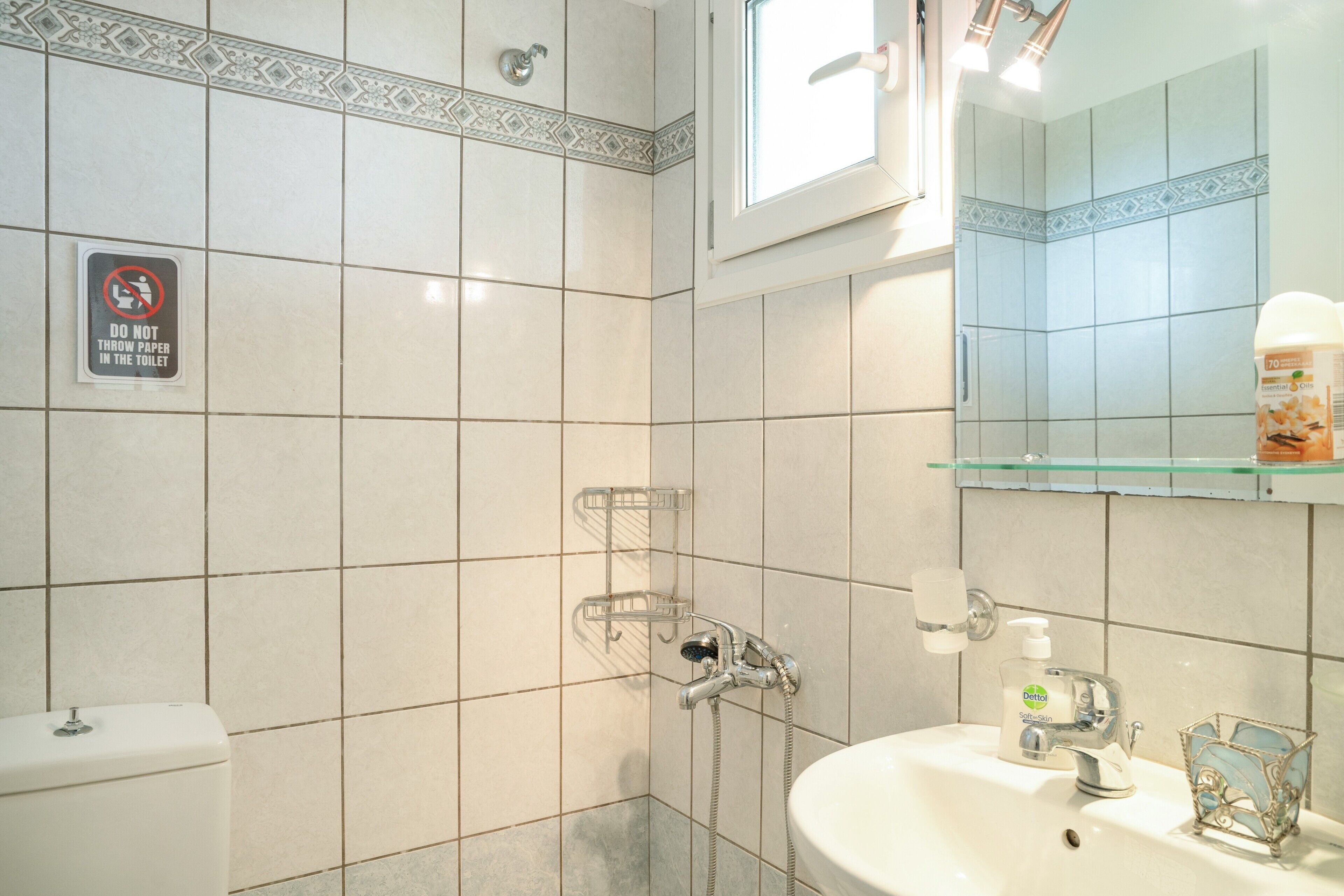 Une salle de bain comprenant des toilettes, une douche, un lavabo avec un distributeur de savon et un miroir.