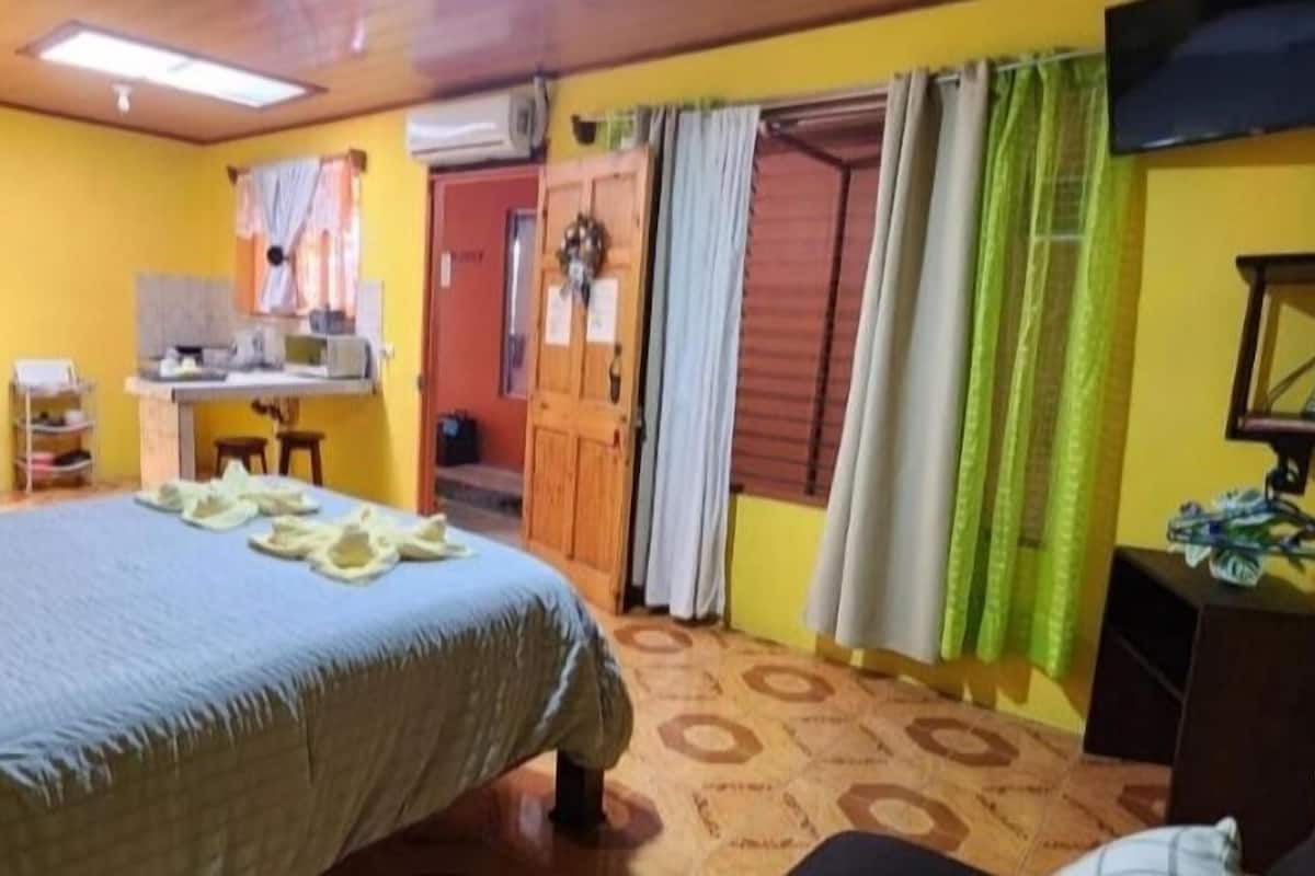 A room with a bed, a desk, a chair, a television, and a window with curtains.