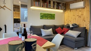 Un salon chaleureux avec un canapé gris, une bibliothèque en bois et un tableau accroché au mur.