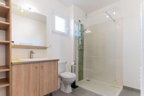 Shower, hair dryer, towels