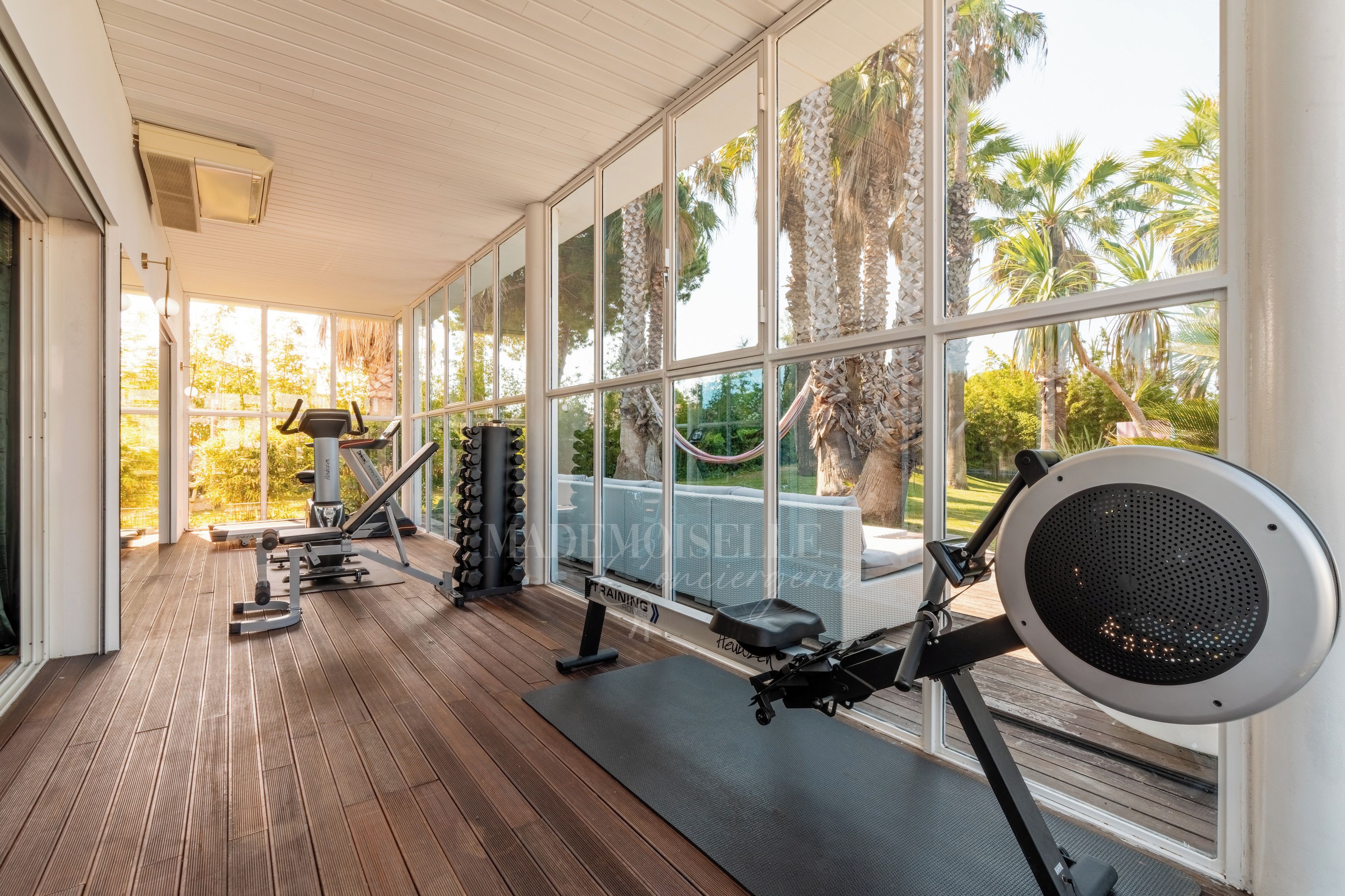 Ein Fitnessstudio mit Trainingsgeräten, großen Fenstern und Blick auf Palmen.