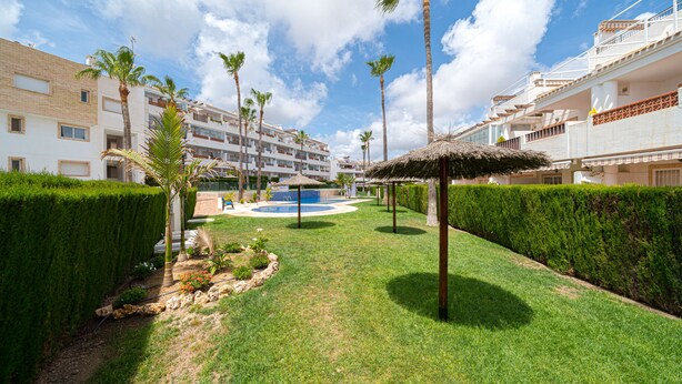 A resort with a swimming pool, palm trees, and a well-maintained lawn. - Apartamento Mariphils (Linnea Sol) (Orihuela Costa)