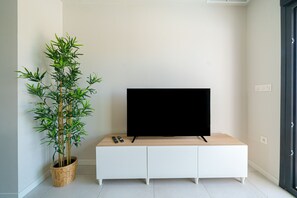 Un salon moderne avec un téléviseur à écran plat posé sur une console en bois, une plante en bambou dans un panier tressé et une porte sur la droite.