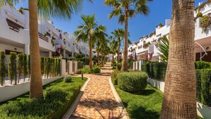 A pathway lined with palm trees and hedges, leading to a row of white buildings with balconies. - Casa Musica (Mar de Pulpi) (San Juan de los terreros)