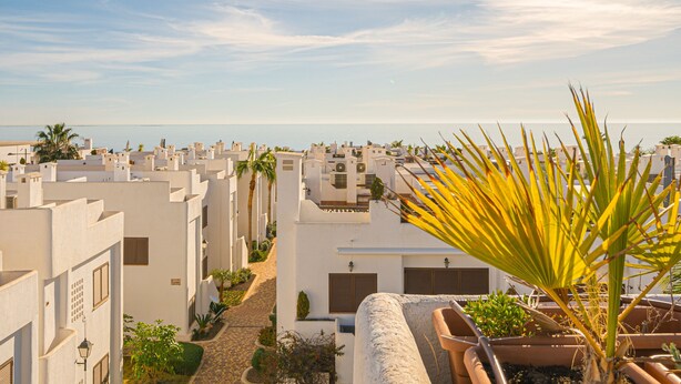 A coastal town with white buildings, a palm tree, and a view of the sea. - Casa Musica (Mar de Pulpi) (San Juan de los terreros)