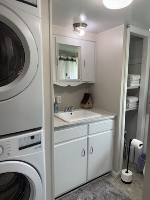 Hair dryer, towels, soap, toilet paper